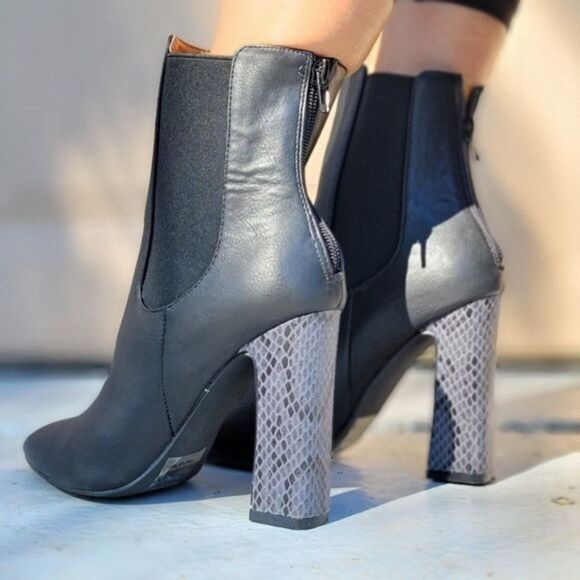 Ankle Zip Boots Pointed Toe Chunky Printed Block Heels - Picture 6 of 7